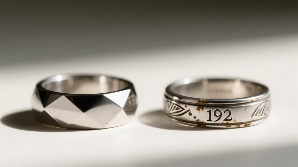 Side view comparing a crisp machine-stamped modern reproduction ring next to a worn, hand-fabricated 1920s platinum original ring.