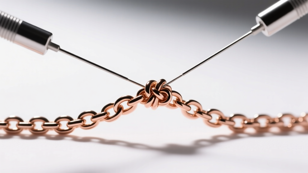 Two fine needles carefully untangling a severe knot in a delicate 1mm rose gold box chain under bright, focused magnifying light.