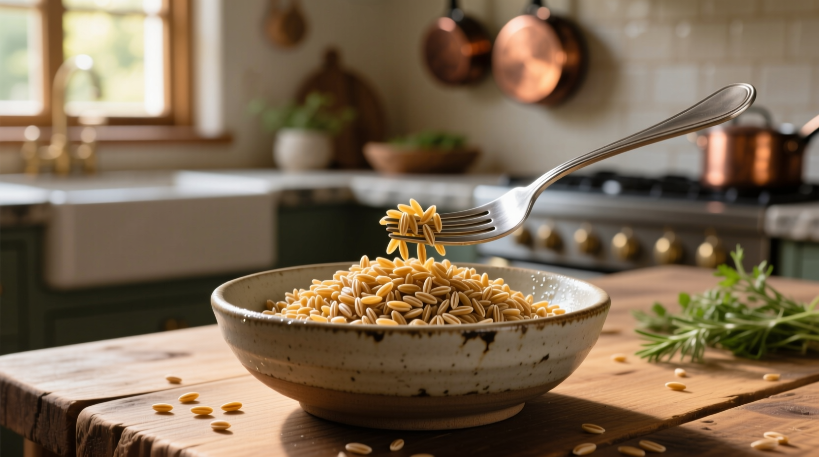 Perfectly cooked farro in a bowl with fork
