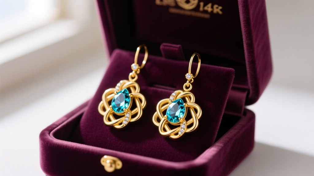 Elegant velvet display box revealing 14k gold Celtic sailor knot drop earrings featuring pear-cut AAA aquamarine gems in soft light