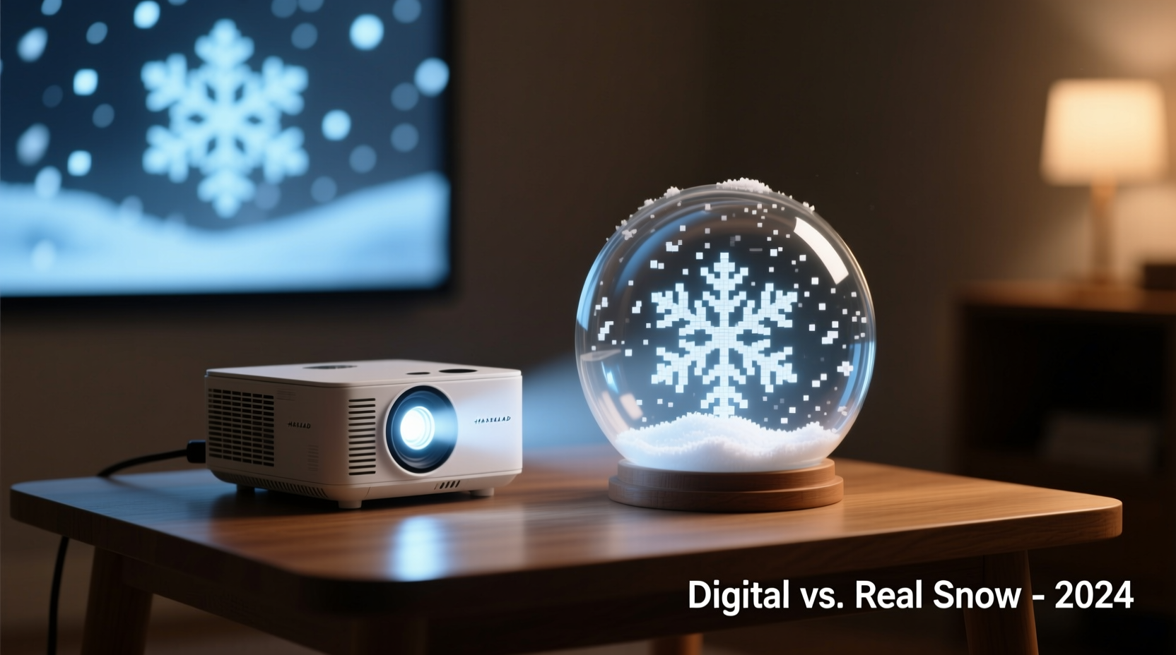 mini projector displaying falling snow vs physical flakes in a snow globe comparison