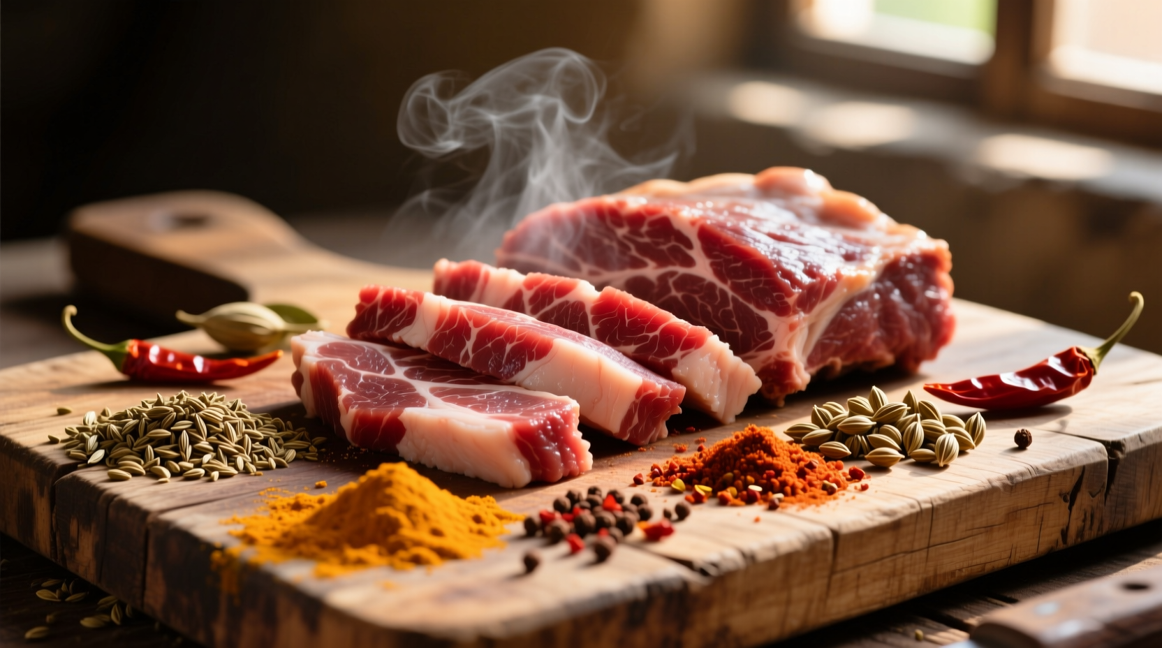 Raw camel meat on butcher's block with spices