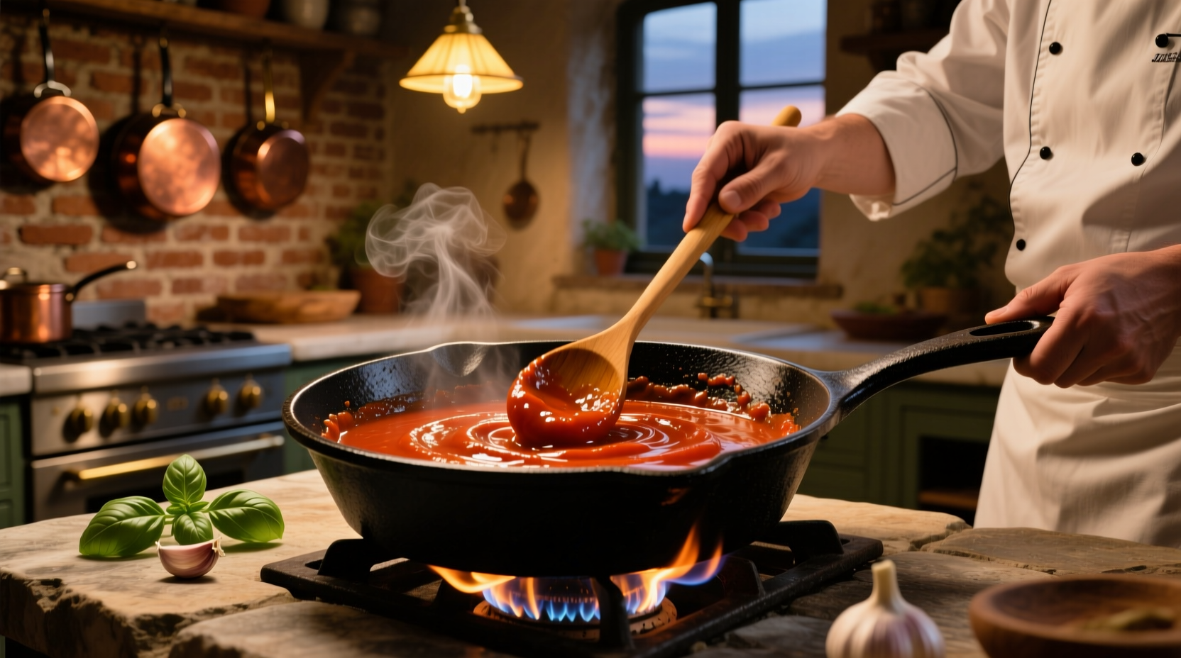Chef stirring tomato sauce in cast iron skillet