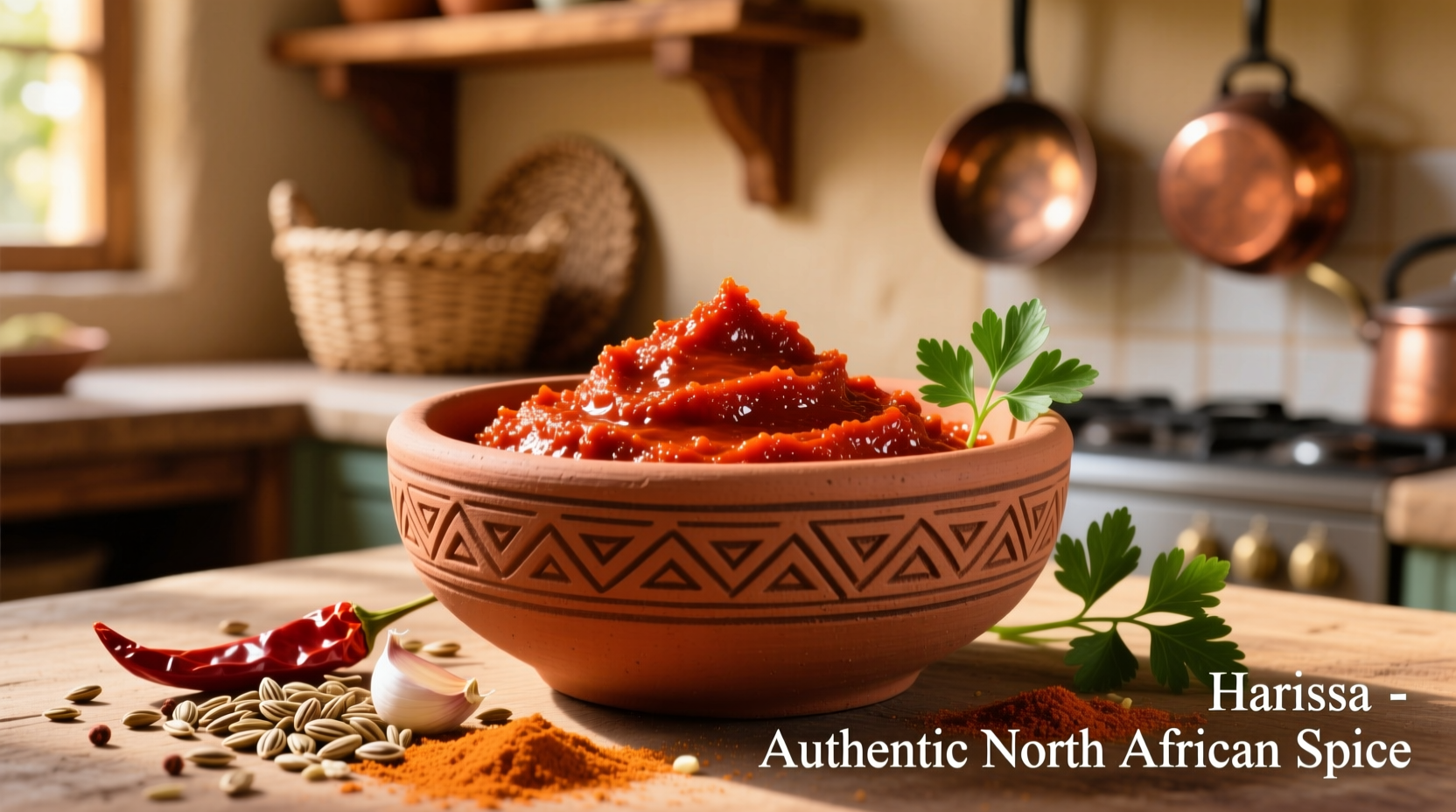 Harissa paste in traditional clay bowl with spices