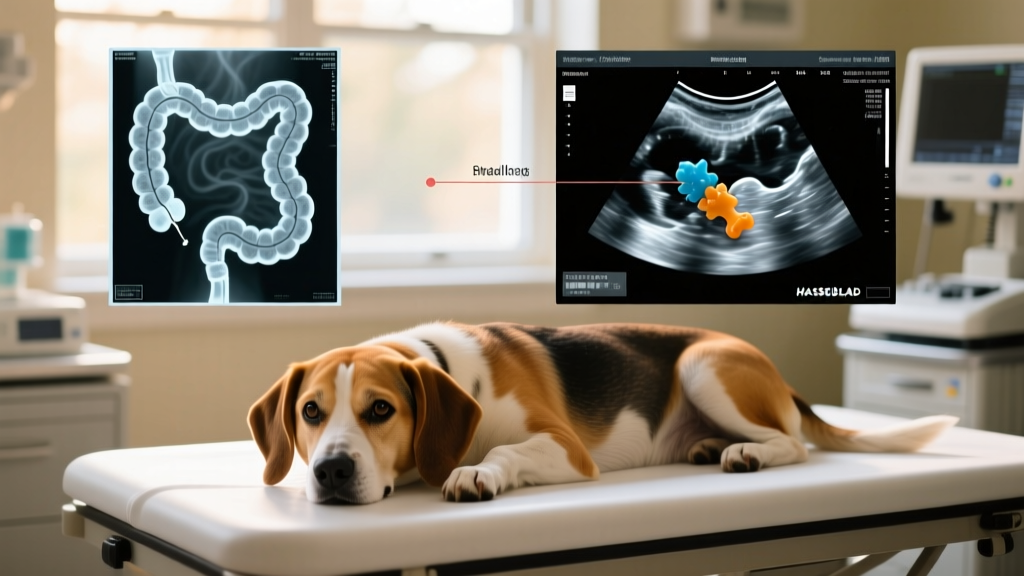 Side-by-side X-ray and ultrasound images showing a foreign object lodged in a dog’s small intestine
