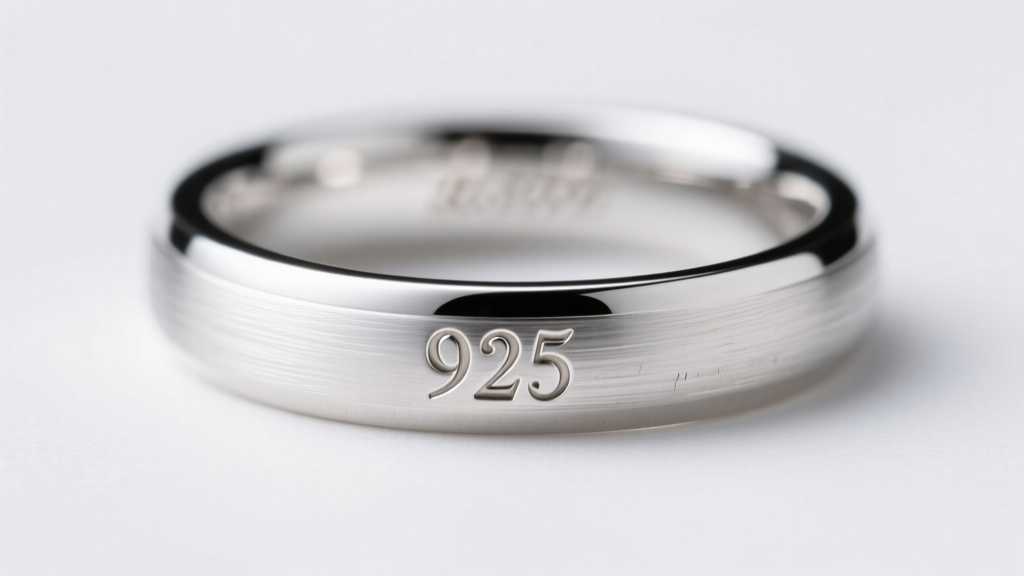 Macro shot of a sterling silver ring band revealing a crisp 925 hallmark and maker's mark under dramatic lighting