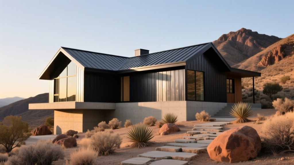 Modern mountain foothill home featuring dark steel siding, a Class A metal roof, and a reinforced concrete foundation surrounded by dry landscaping