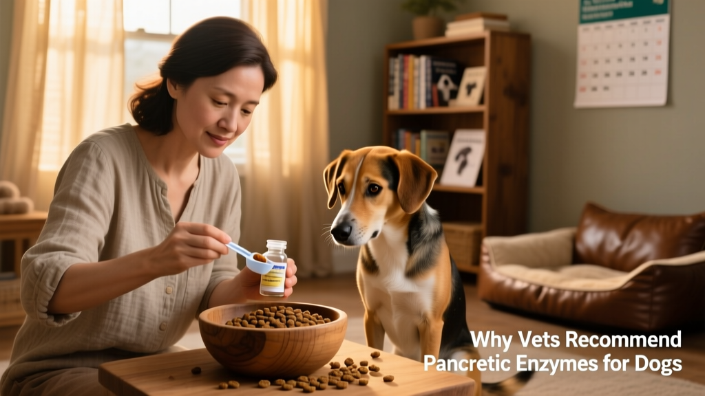 Dog owner measuring pancreatic enzyme powder into a bowl of kibble before feeding