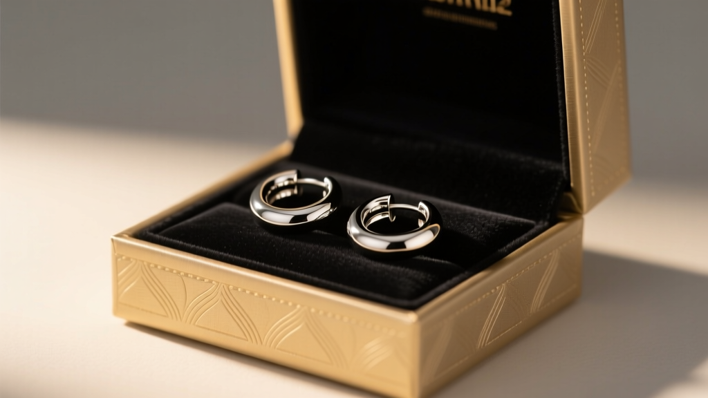 Elegant gift box opening to reveal polished 316L surgical steel huggie hoops resting on black velvet, soft warm studio lighting.
