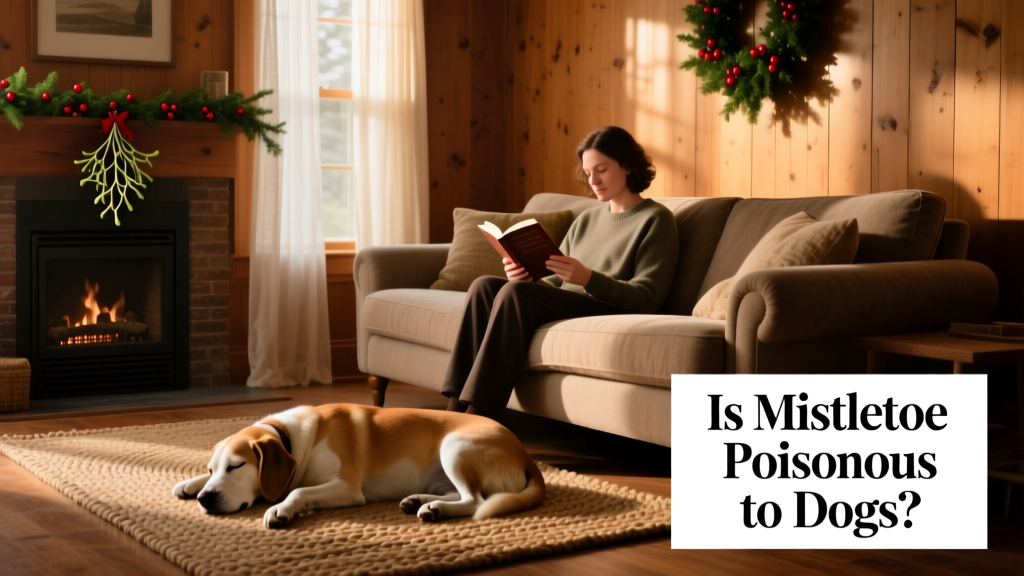 A festive living room with a person reading on the couch and a dog resting peacefully at their feet