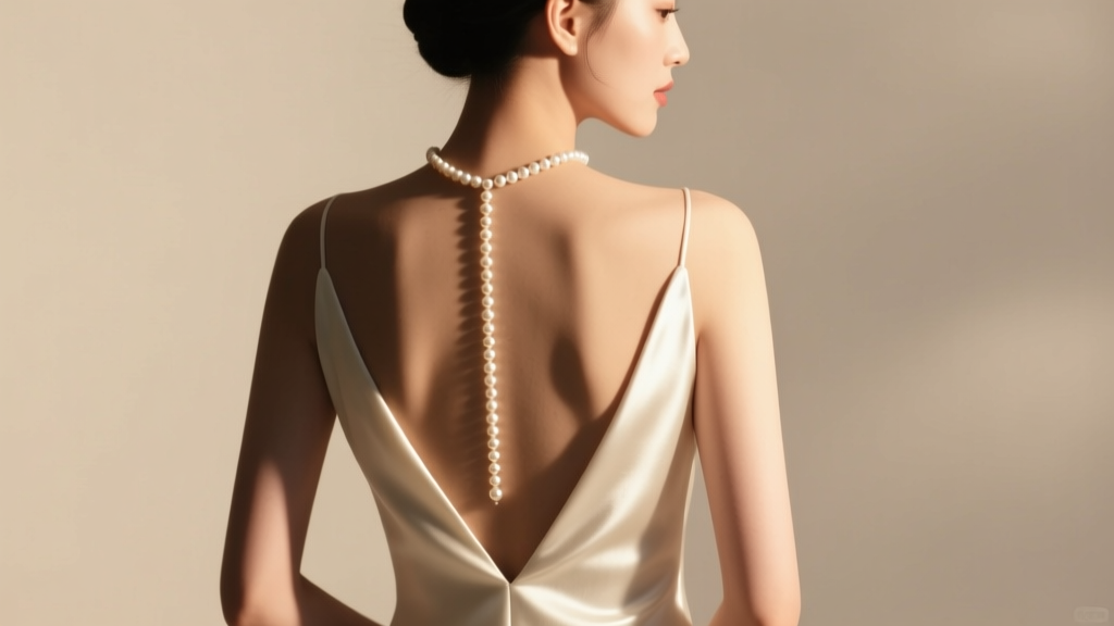 Bride in backless silk gown wearing delicate freshwater pearl back necklace cascading down spine under soft warm studio lighting.