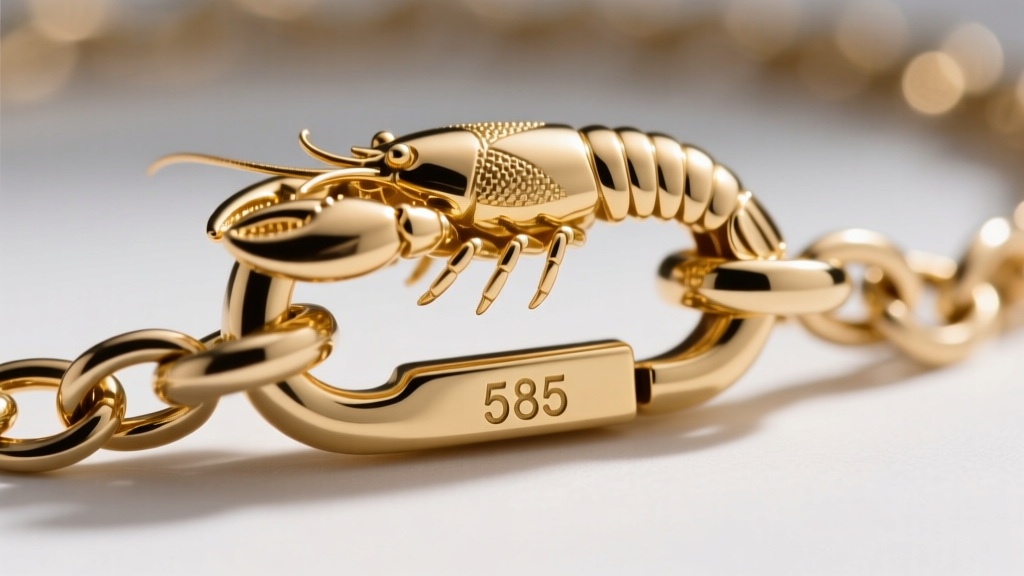 Close-up macro shot of a 14k solid gold lobster clasp securing a 2.5mm rolo chain, highlighting the stamped 585 hallmark