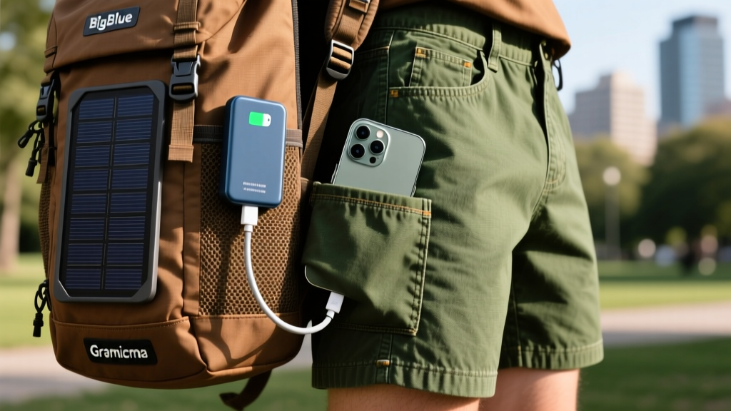 BigBlue solar charger clipped to a backpack, with a cable routing to a phone secured in the side pocket of Gramicci gadget shorts.