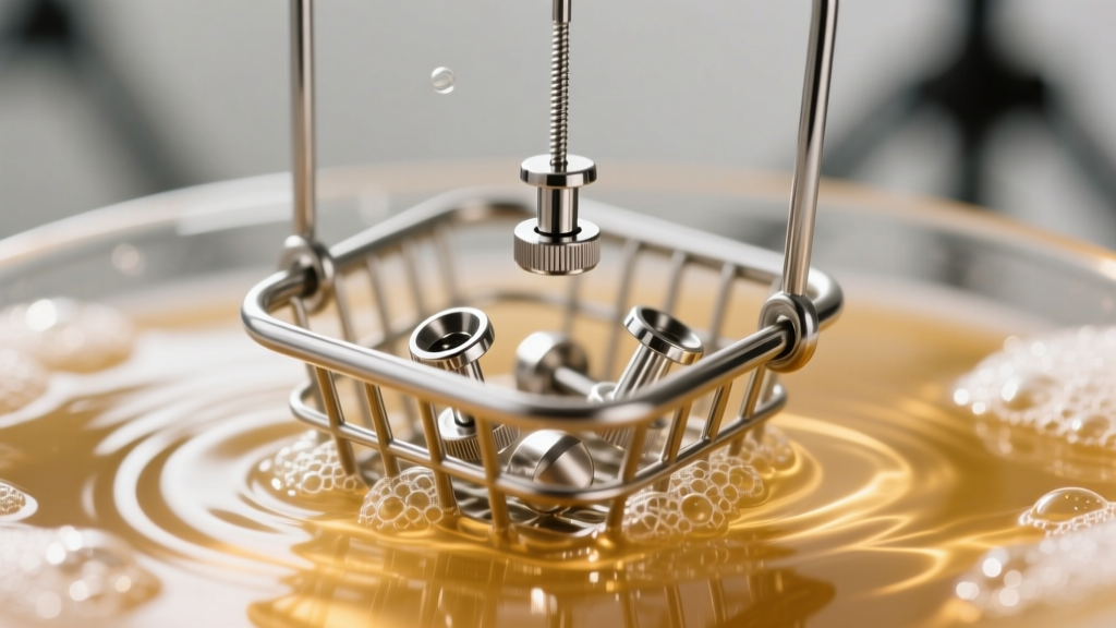 Macro shot of an ultrasonic cleaner vibrating titanium labret studs in a small steel basket filled with warm soapy water.