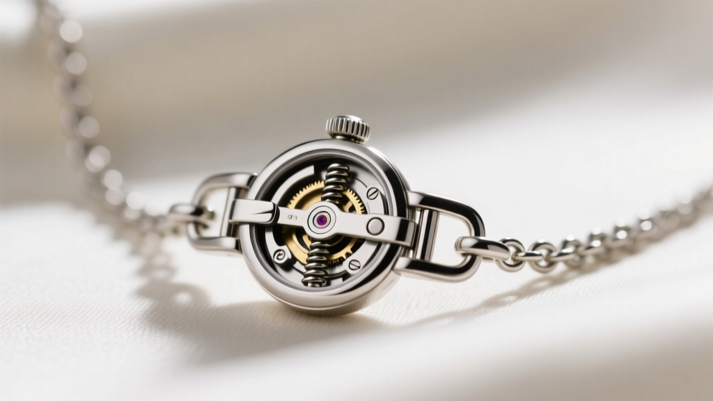 Close-up of a push-button click-lock bail on an interchangeable charm necklace, revealing the internal steel spring pin mechanism.