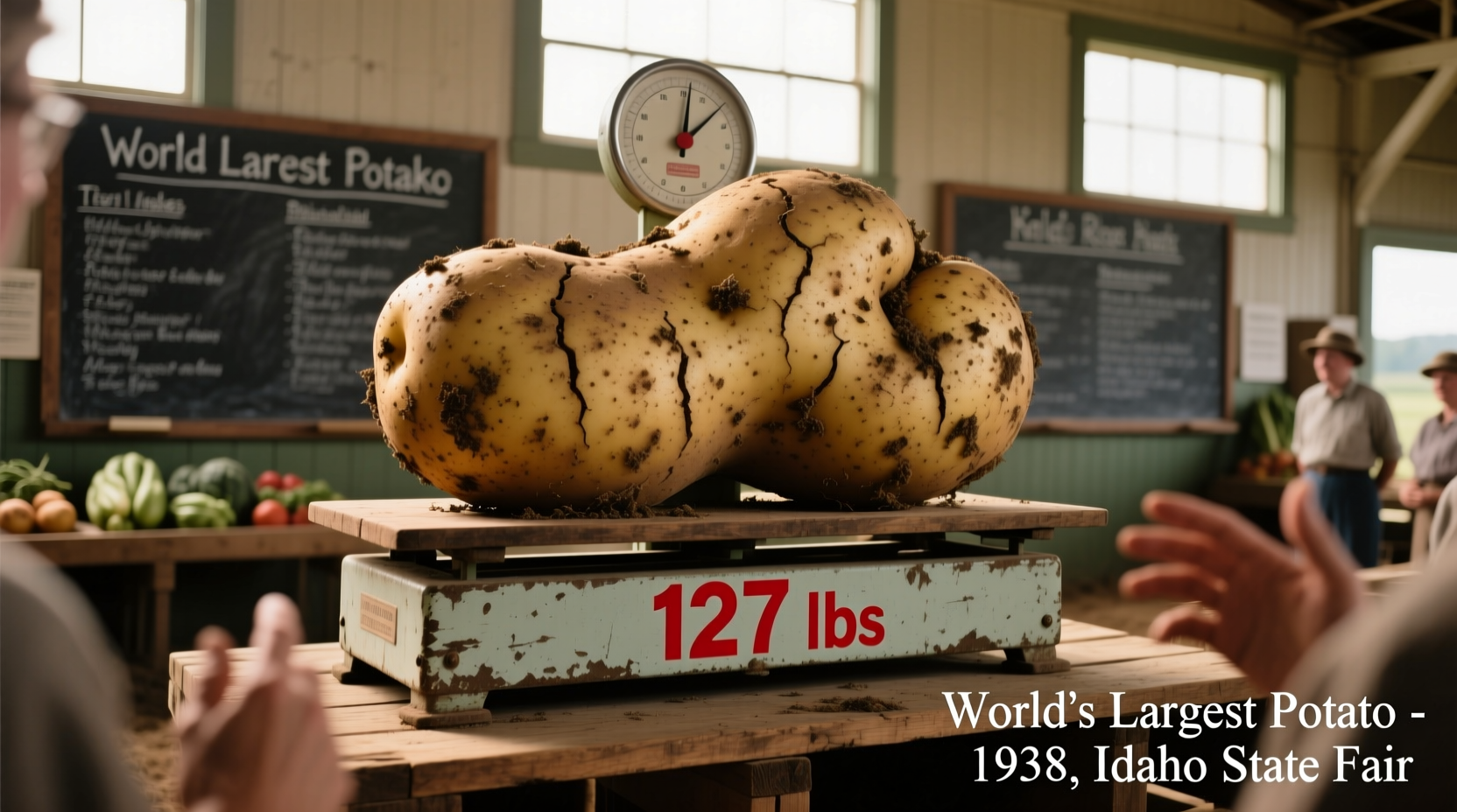 Historical photo of the world's largest potato on a scale