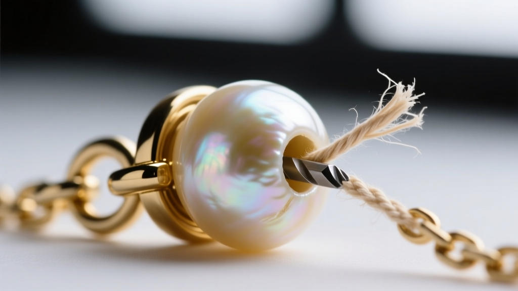 Extreme close-up of a frayed silk thread inside the drill hole of a freshwater pearl attached to a gold chain clasp mechanism.