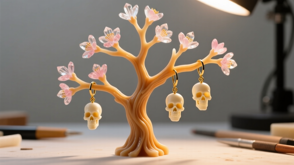 Close-up of a wax sprue tree holding miniature skull earring models on a workbench, illuminated by warm overhead studio lights