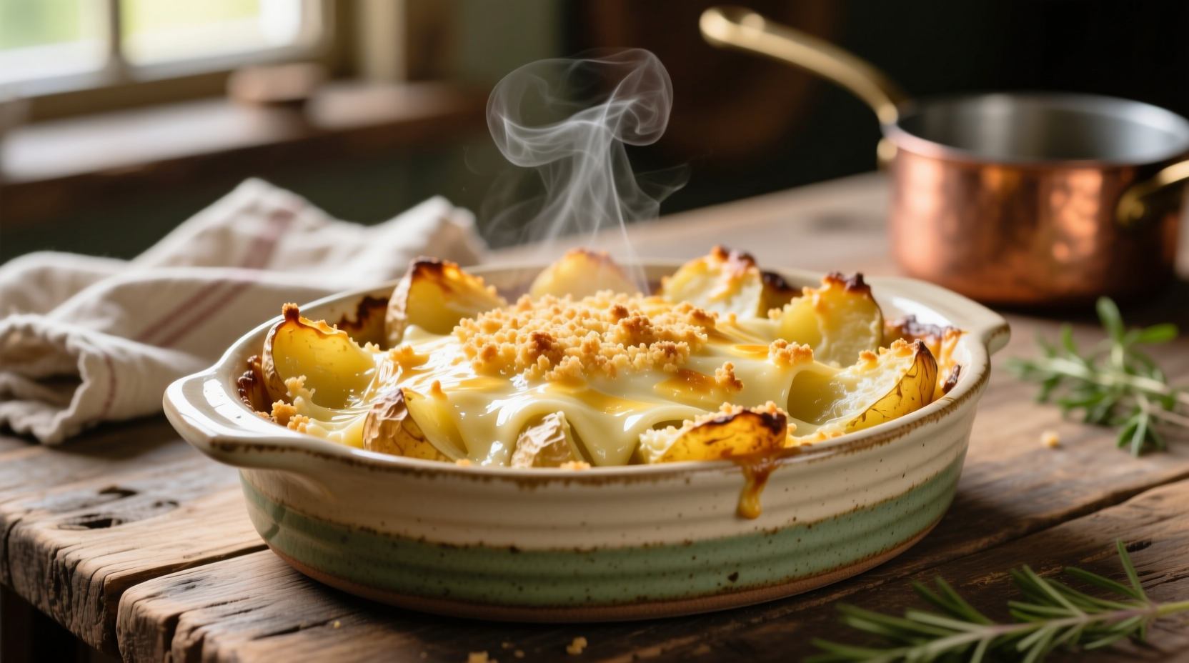 Golden baked scalloped potatoes in ceramic dish