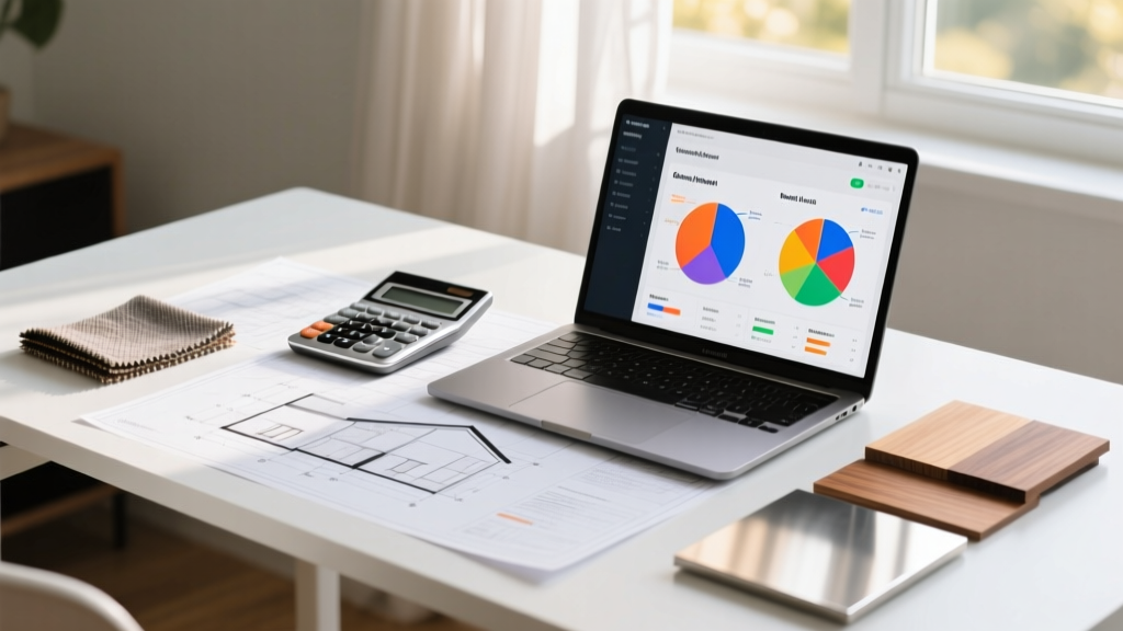 Blueprints on a desk beside a calculator, material samples, and a laptop displaying a custom home budget spreadsheet