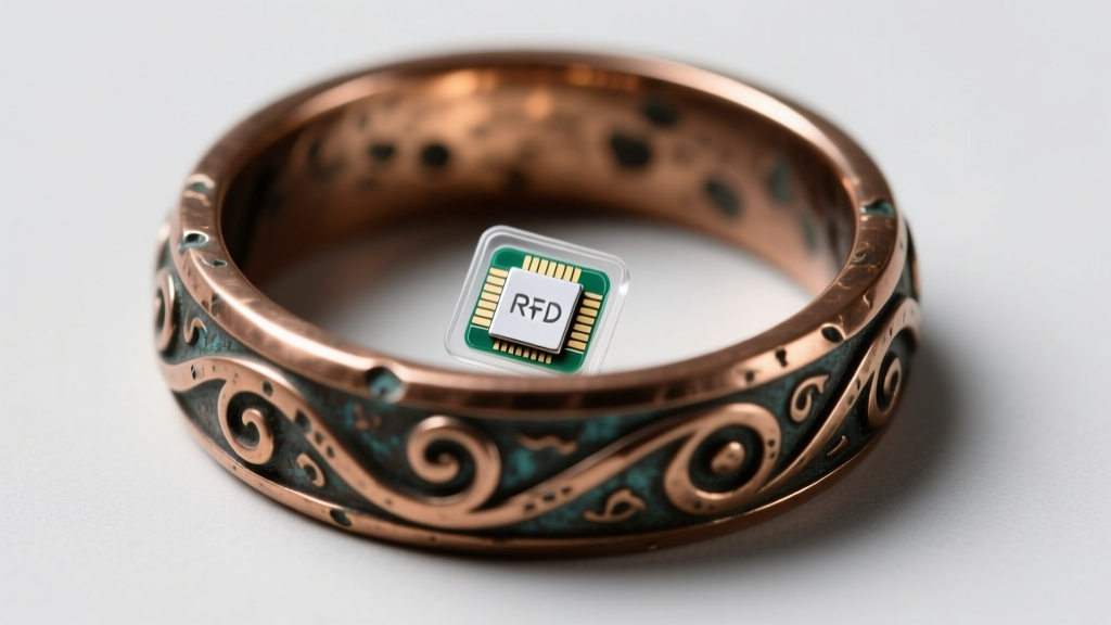 Small RFID tracking tag discreetly attached to inner band of a thick bronze fantasy ring under bright macro photography