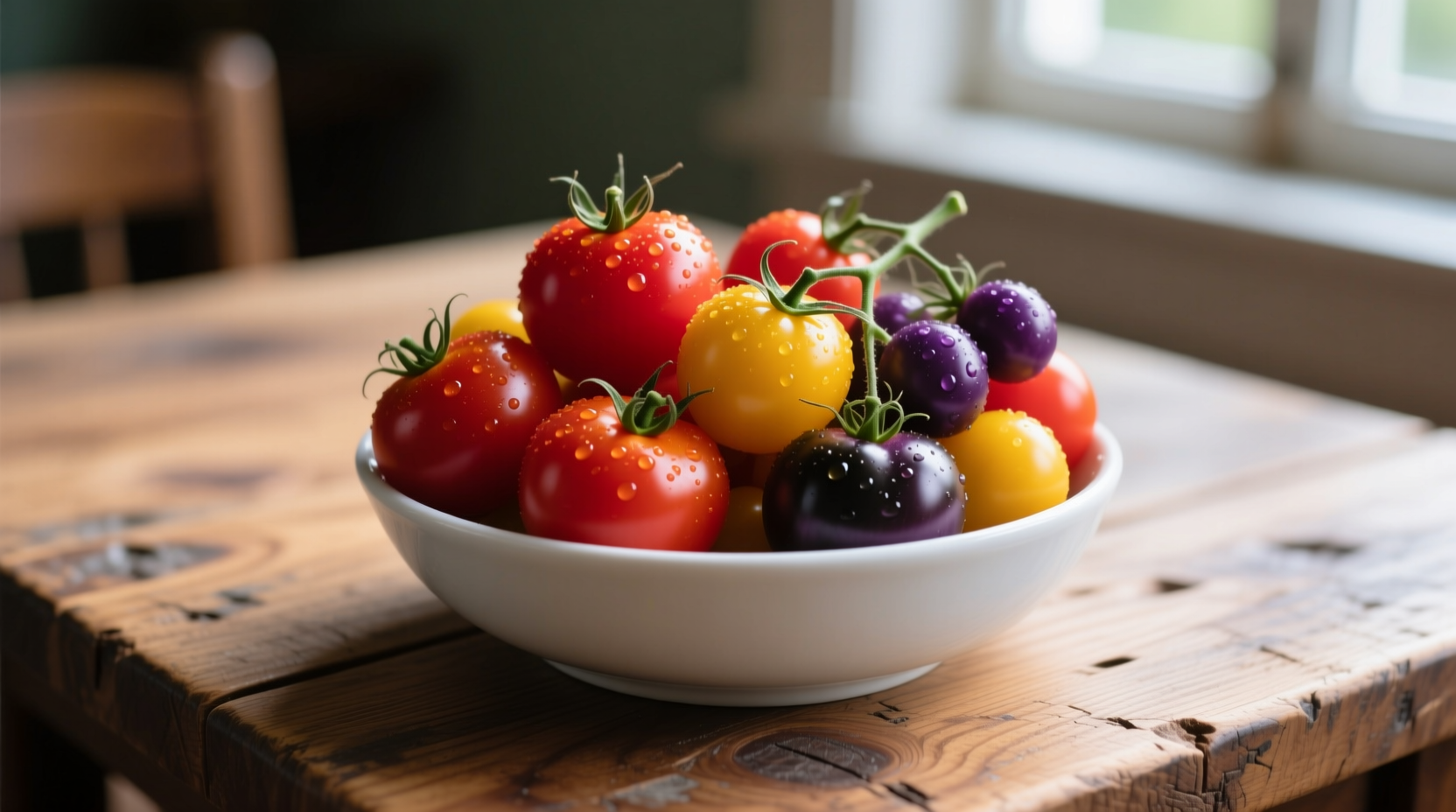 Colorful grape tomatoes in a white bowl on wooden table