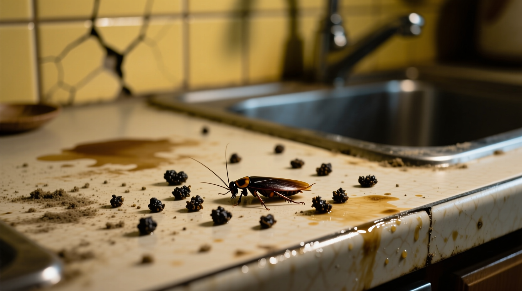 Close-up of cockroach droppings on kitchen surface