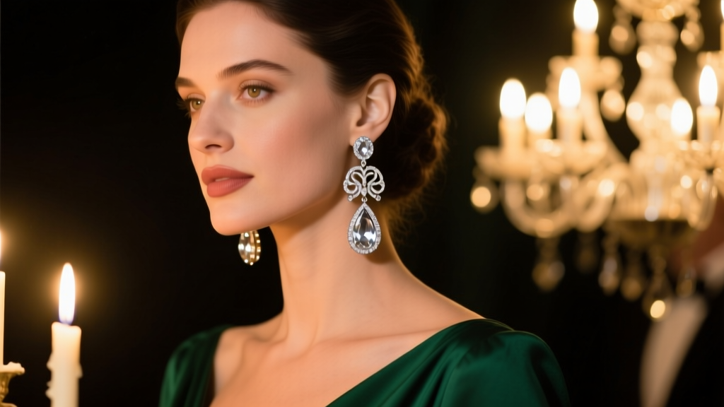 Woman wearing silver girandole earrings at a gala, candlelight reflecting off the three pear-shaped gemstone drops on her skin.