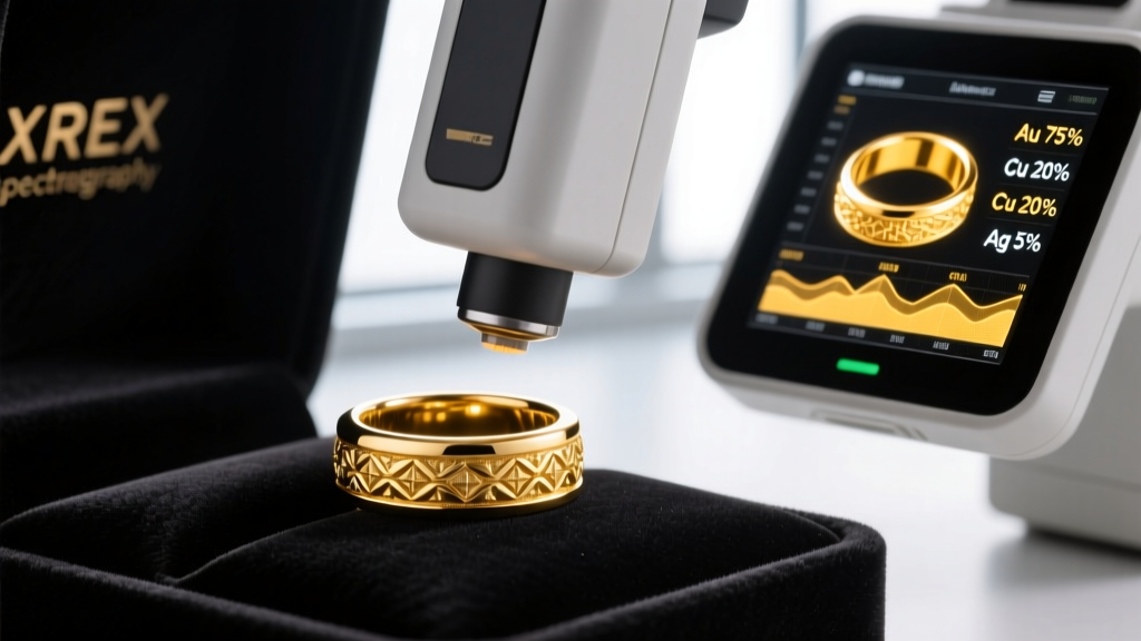 Digital XRF spectrometer scanning a thick 18k gold signet ring on black velvet, showing metal composition on screen.