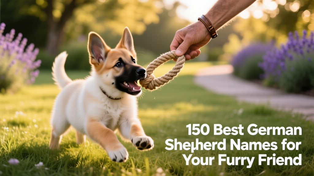 A playful German Shepherd puppy tugging gently on a rope toy with their owner's hand visible