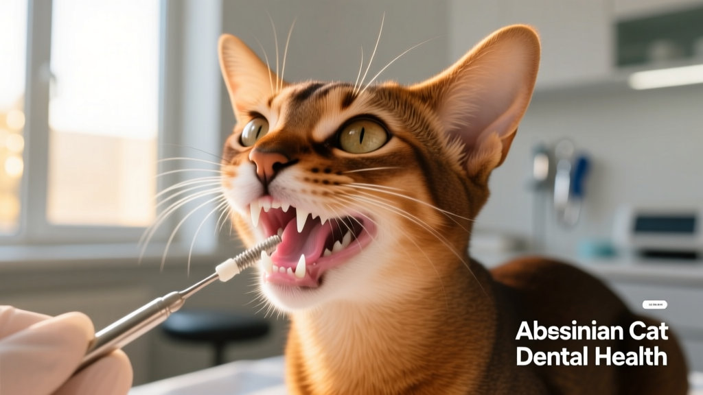 Close-up of an Abyssinian cat’s teeth and gums during a gentle veterinary dental exam