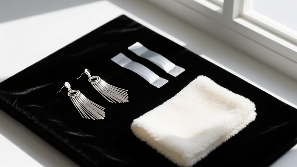Flat lay of silver fringe earrings resting on black velvet next to anti-tarnish strips and a soft microfiber polishing cloth.
