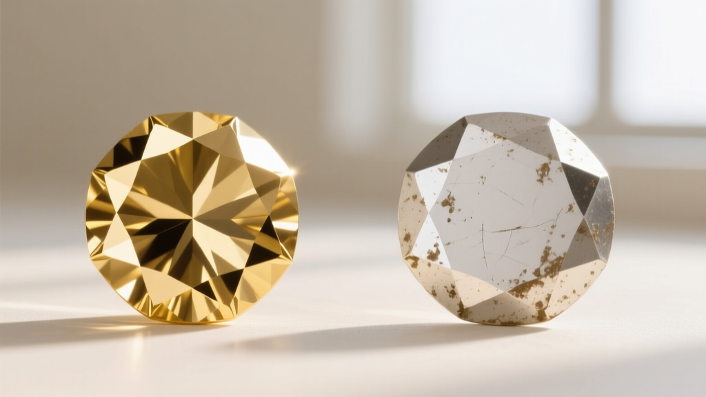 Side-by-side macro comparison of a pristine 18k gold diamond-cut facet next to a worn 14k white gold facet showing rhodium loss.