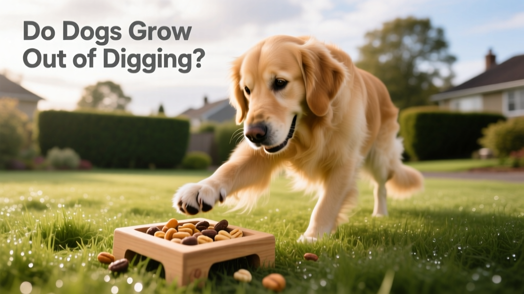 Dog playing with a puzzle toy filled with treats on grass
