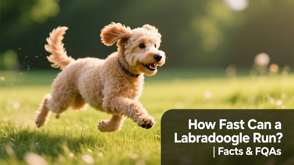 A Labradoodle mid-stride, running confidently across a grassy field