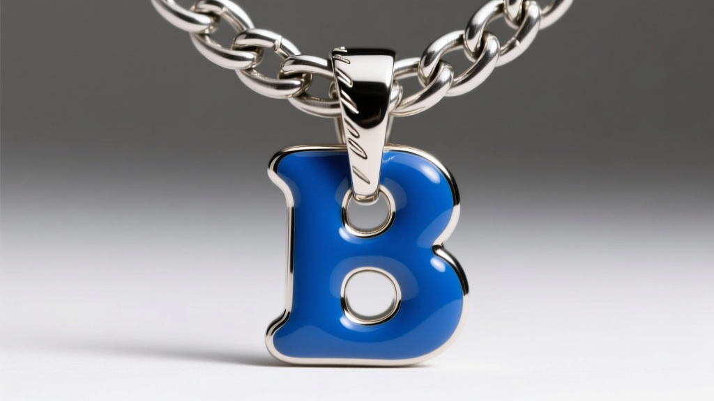 Macro shot of a reinforced soldered bail connecting a puffy enamel bubble letter pendant to a thick stainless steel Cuban chain