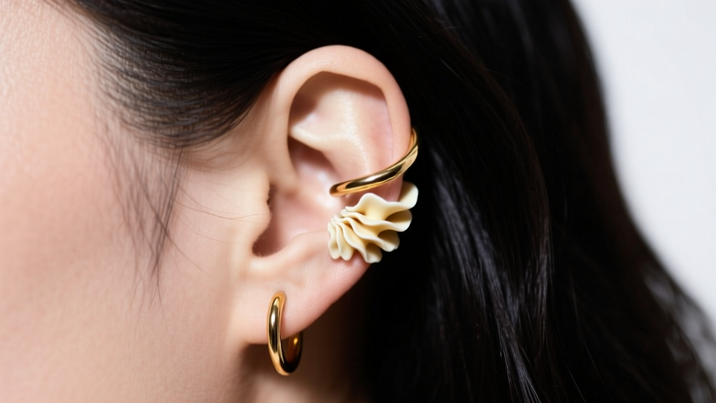 Side profile of a left ear featuring an asymmetrical cartilage stack with small gold hoops and a helix cuff, against dark hair.
