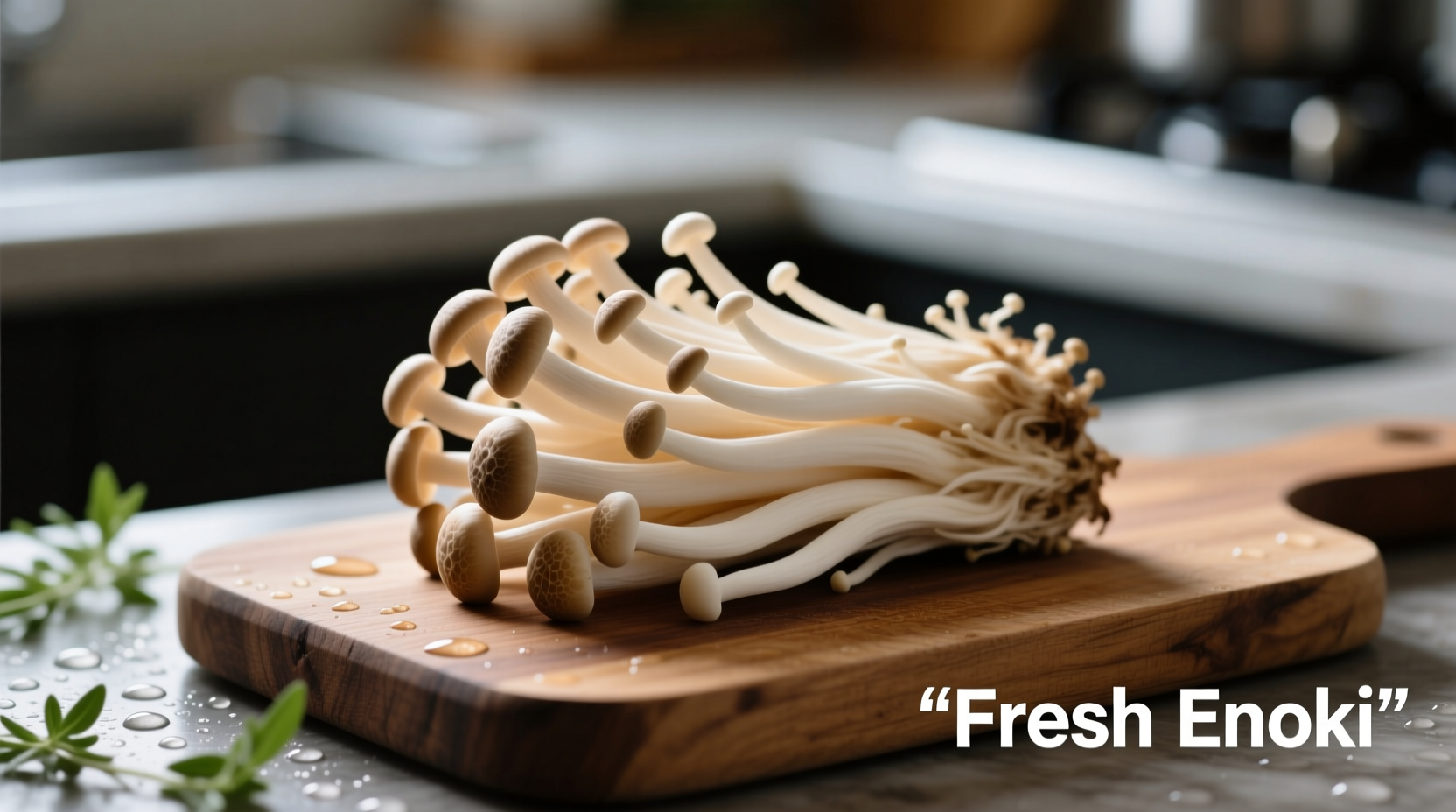 Fresh enoki mushrooms arranged on cutting board