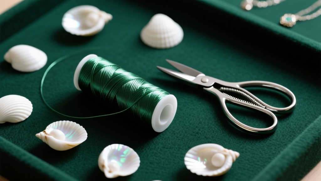 Jewelry workspace showing a spool of high-strength polyethylene thread, wire cutters, and white cowrie shells on dark green felt.