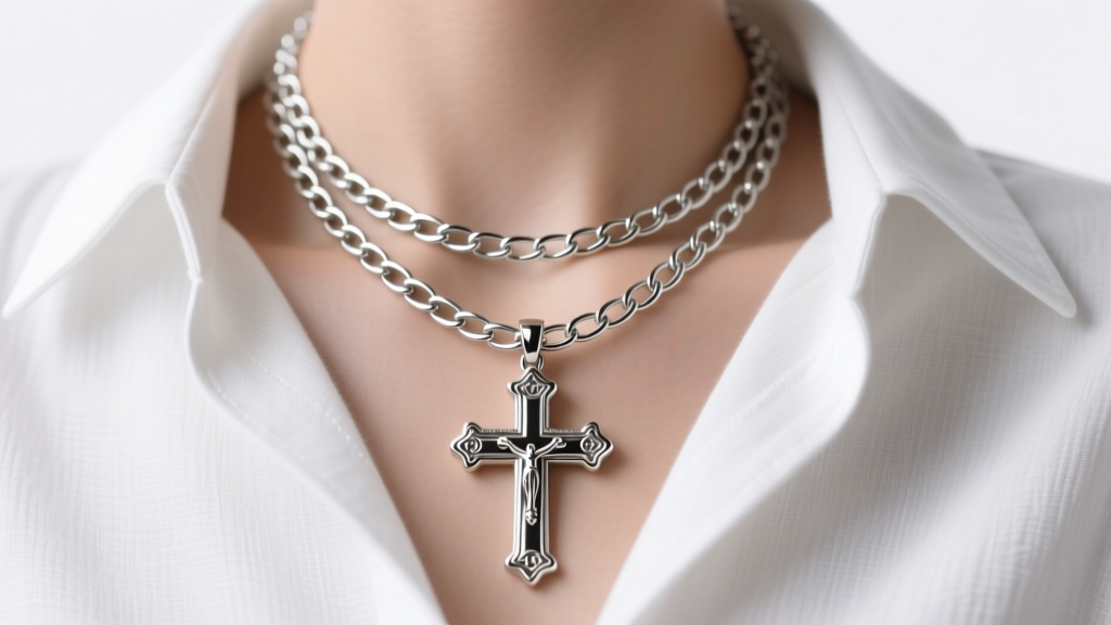 Layered 16-inch Guess cross pendant and 18-inch silver box chain on a neckline against a crisp white linen shirt