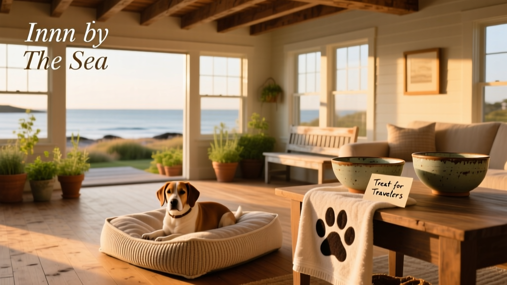 A cozy, sunlit lofted suite at the Inn by the Sea, featuring a dog bed mat, paw-print towel, and bowls on a side table