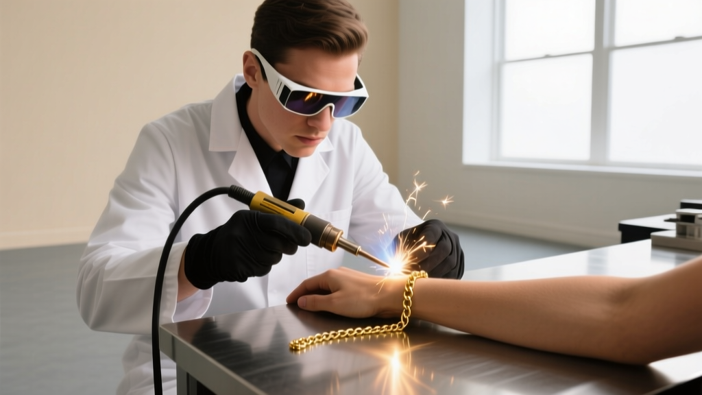 Jeweler wearing laser safety glasses using a pulse arc welder to fuse a 14k gold chain on a client wrist in a bright studio.