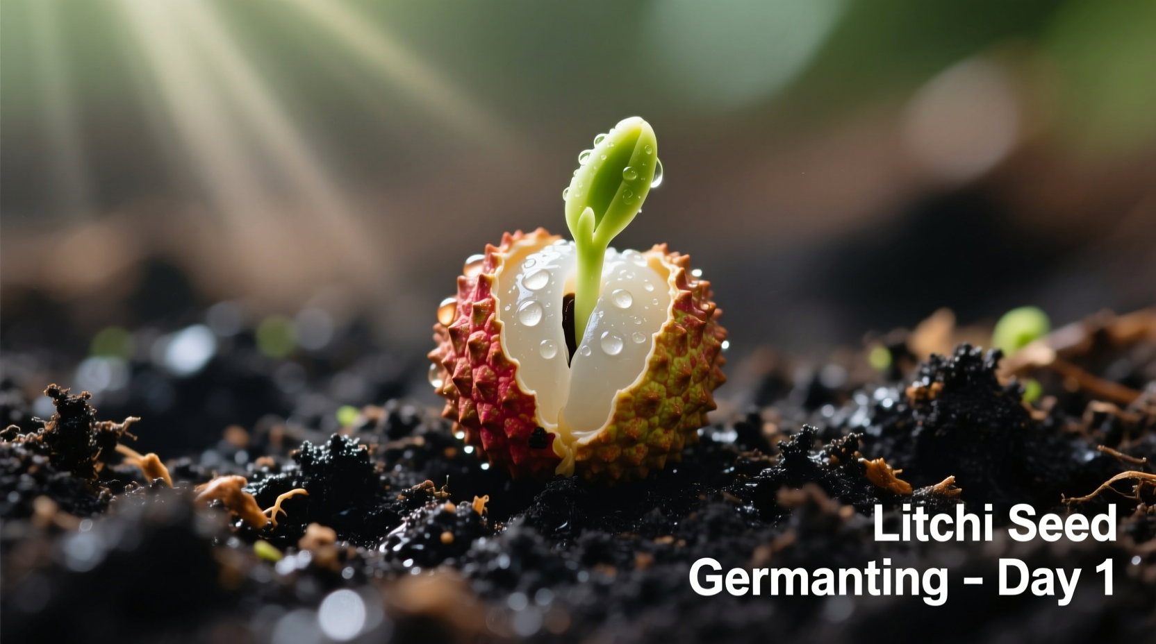 Fresh litchi seed sprouting in moist soil