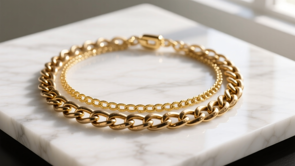 Delicate gold-tone budget necklace layered with a thick brass chain on white marble, lit by soft natural window lighting.