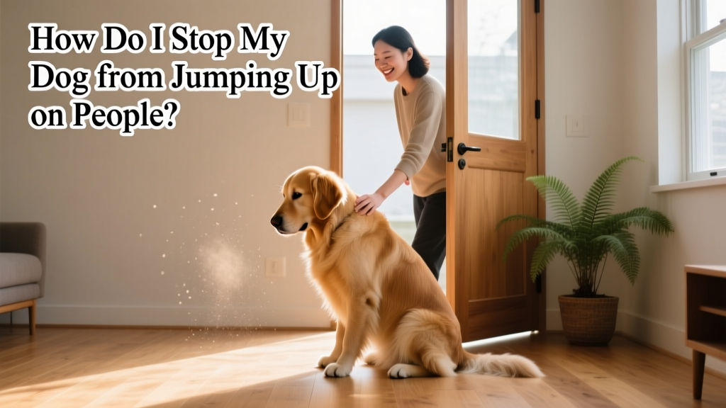 A calm dog sitting politely beside its owner as a guest enters the doorway