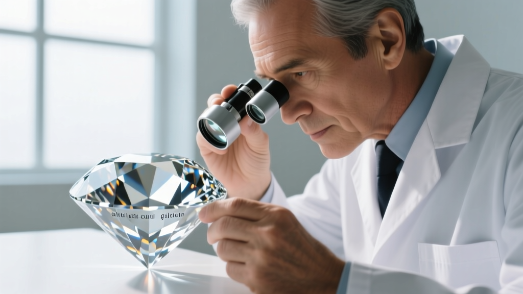 Gemologist using a 10x triplet loupe to inspect the girdle of a brilliant-cut stone for laser inscriptions under bright light.