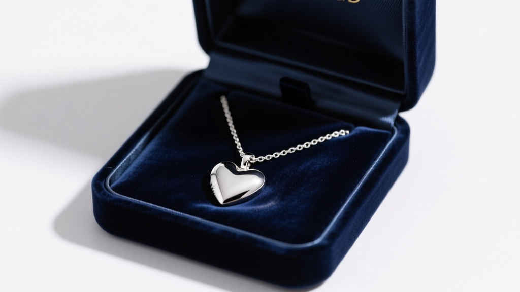 Open velvet box revealing a polished sterling silver heart necklace resting on dark navy silk under soft, warm studio lighting.
