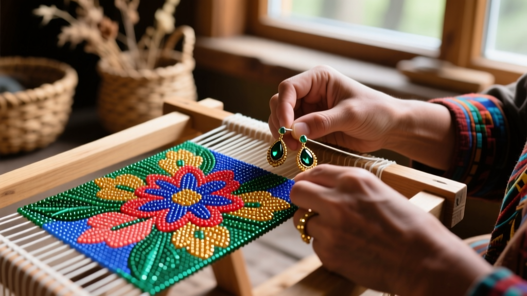 Hands weaving floral Woodland-style Native American beaded earrings on a loom using tiny size 15/0 Charlotte cut glass seed beads