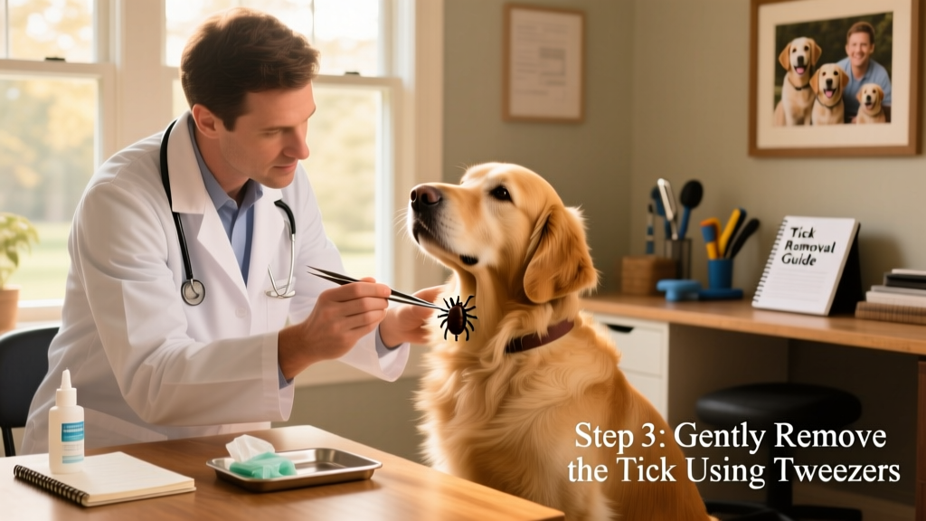 Veterinarian examining a dog's neck with tweezers and antiseptic wipes nearby