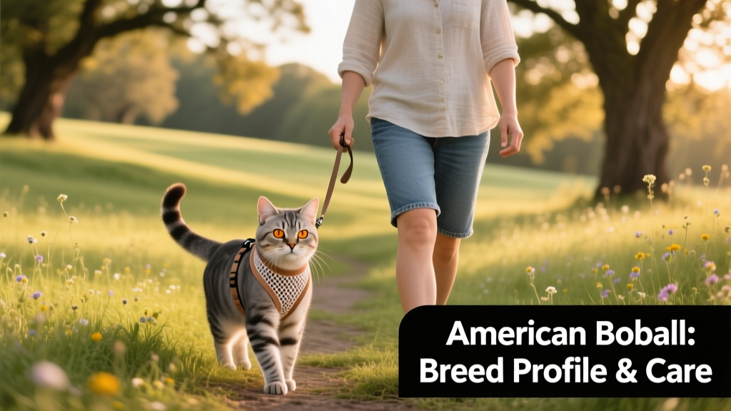 An American Bobtail wearing a lightweight harness, walking calmly beside its owner on a grassy path